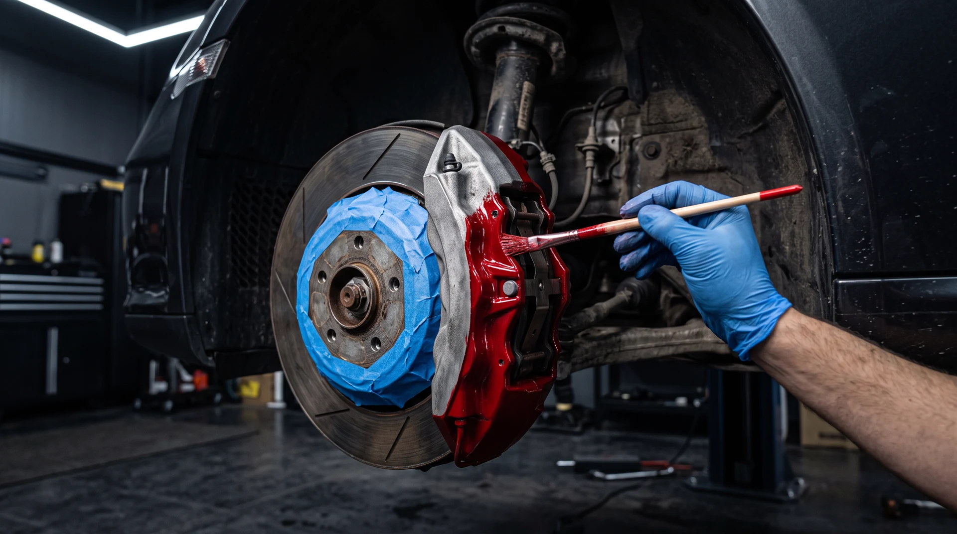 Bremssattel wird mit dem Pinsel rot lackiert, Bremsscheibe und Umgebung sind abgeklebt, eine Hälfte ist noch unbehandelt